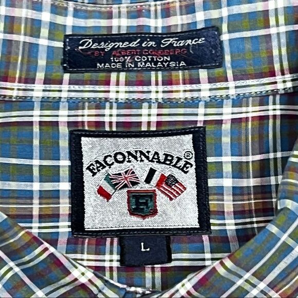 Men’s Large Faconnable Plaid LS Button Down Green Burgundy Blue & Brown. - Picture 6 of 8